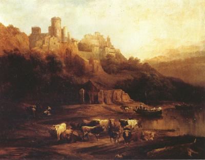 Jenaro Perez Villaamil Herd of Cattle Resting on a Riverbank in Front of a Castle (mk22)